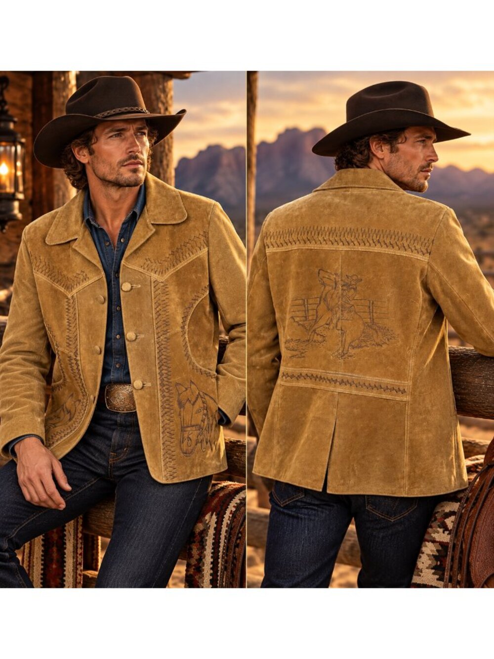 Vintage 70s Mens Suede Leather Jacket Horse Cowboy Western Ranch Coat Brown 42